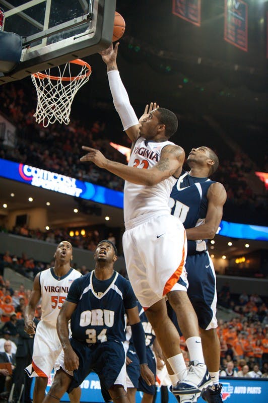 November 21; Charlottesville, VA USA; Virginia forward Mike Scott shoots against ORU. Virginia defeated Oral Roberts University 76-55.
