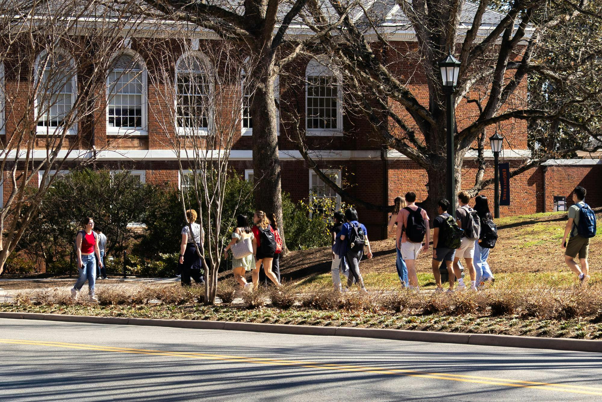 Students walking along McCormick Rd. 