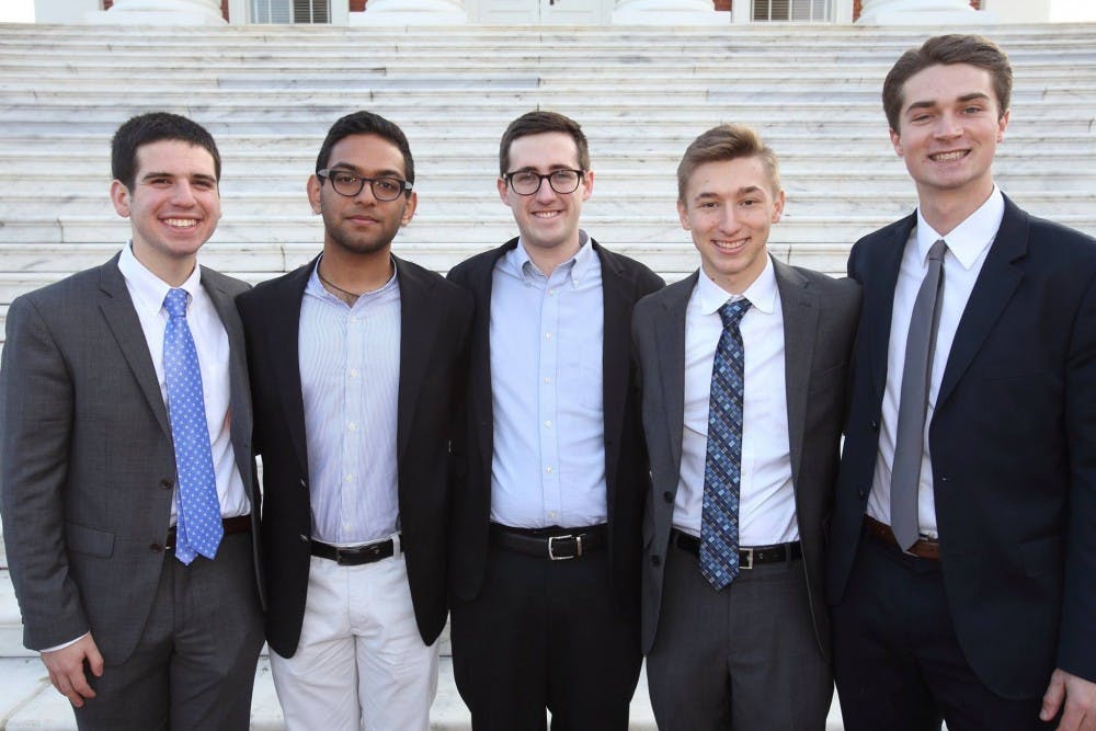 From left to right: Ben Tobin was elected to managing editor, Avishek Pandey to operations manager, Tim Dodson to editor-in-chief, Nate Bolon to chief financial officer and Jake Lichtenstein to executive editor.