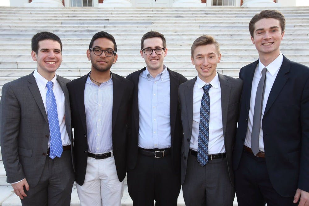 <p>From left to right: Ben Tobin was elected to managing editor, Avishek Pandey to operations manager, Tim Dodson to editor-in-chief, Nate Bolon to chief financial officer and Jake Lichtenstein to executive editor.</p>