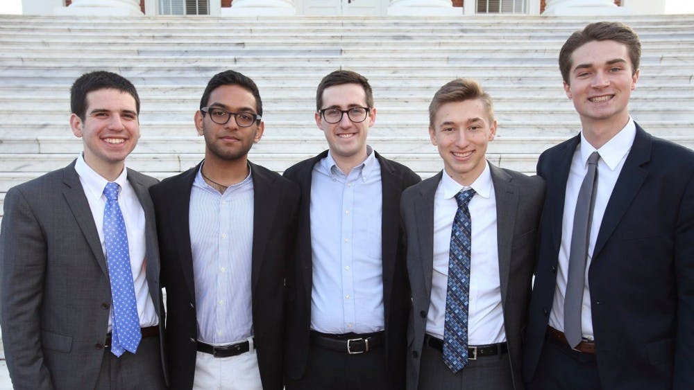 From left to right: Ben Tobin was elected to managing editor, Avishek Pandey to operations manager, Tim Dodson to editor-in-chief, Nate Bolon to chief financial officer and Jake Lichtenstein to executive editor.