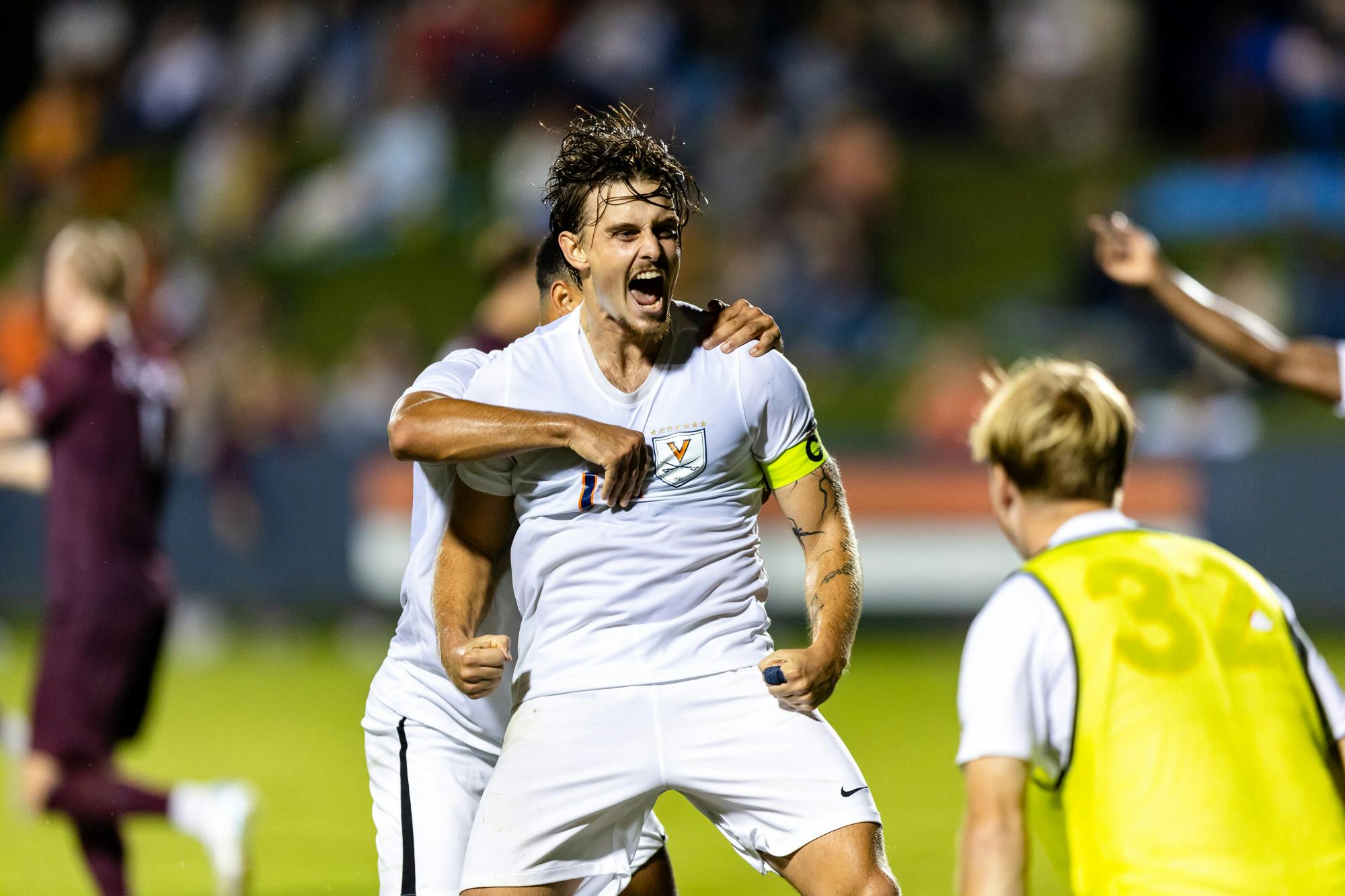Albin Gashi gives a long-awaited roar after scoring Virginia's second goal.