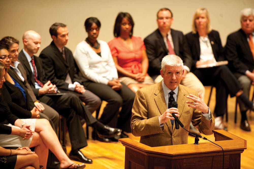 	Dean Groves introduces the topic of student self governance to students in Old Cabell Hall