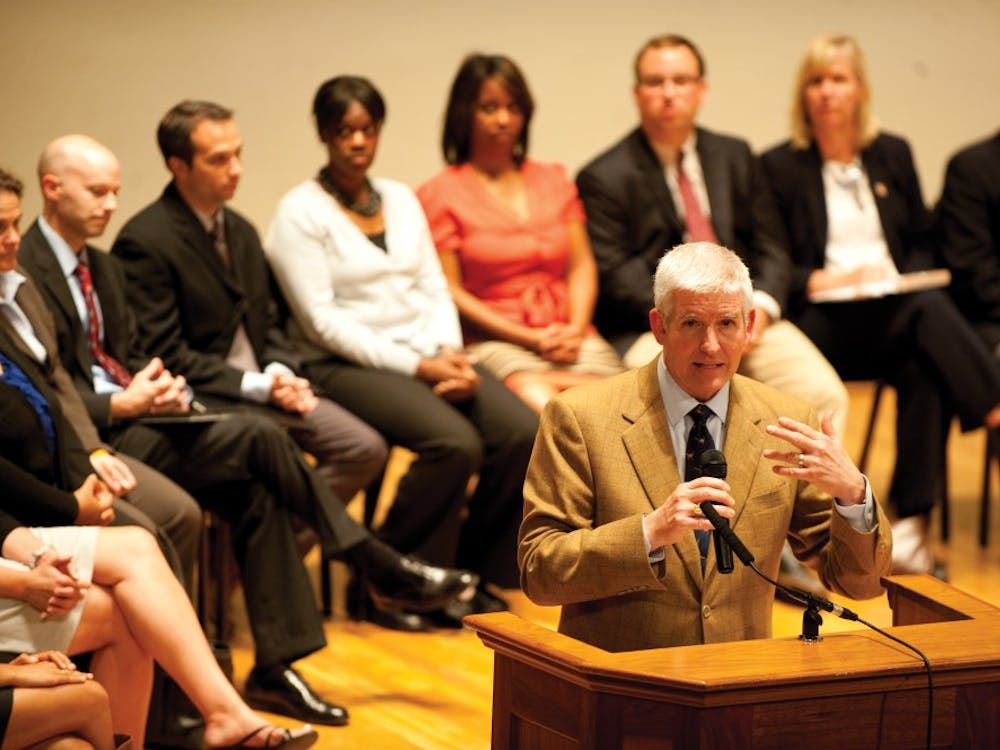 Dean Groves introduces the topic of student self governance to students in Old Cabell Hall