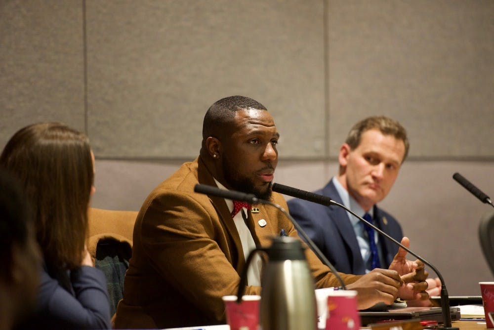 Charlottesville City Councilor Wes Bellamy addressed the Jefferson Society during speaker series designed to connect the group to the larger Charlottesville community. (Photo: Bellamy pictured at a City Council meeting.)