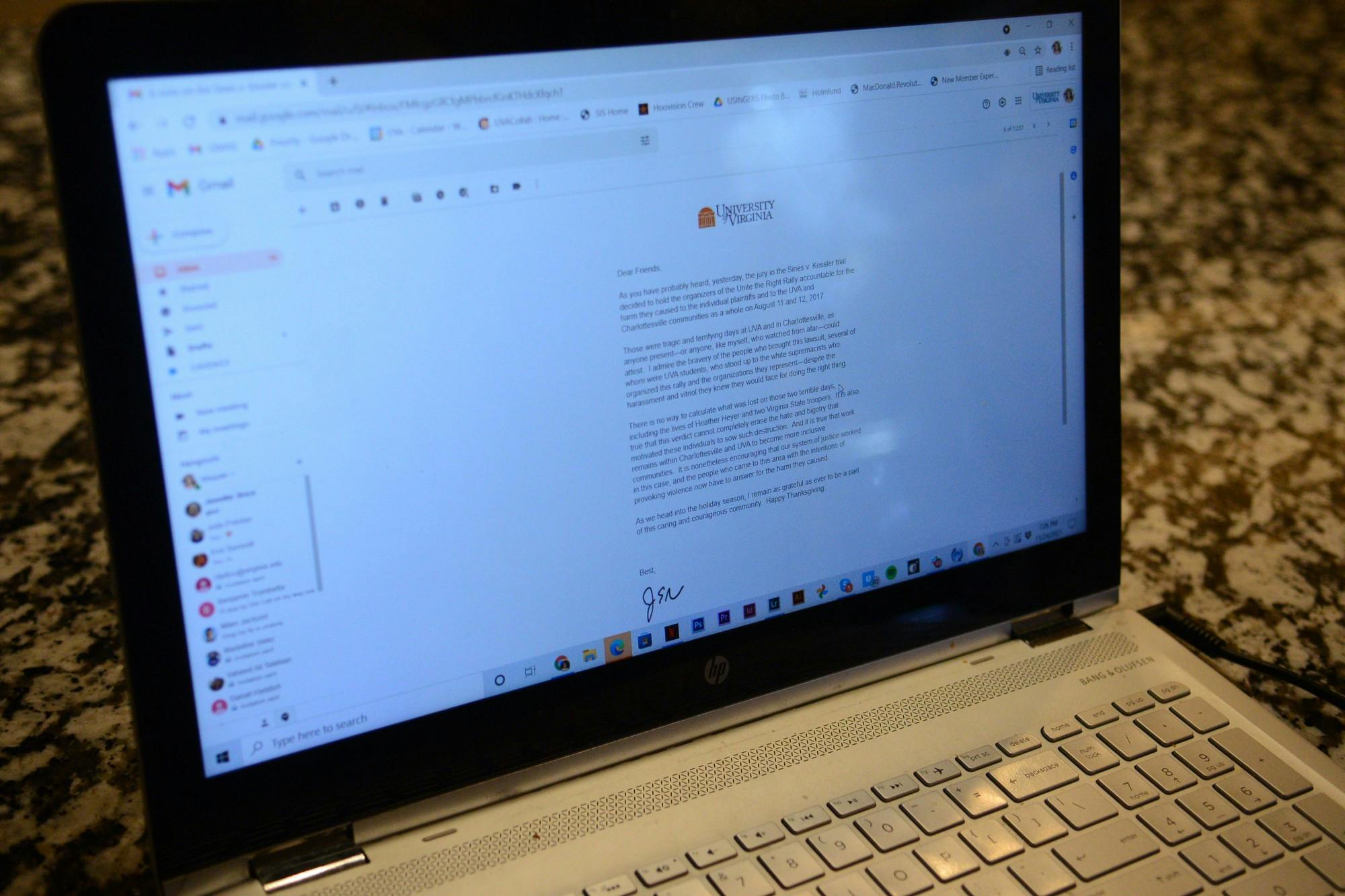 University President Jim Ryan sent a University-wide email Wednesday morning reflecting on the events of Aug. 11 and 12 and the courage of the plaintiffs in the trial. 