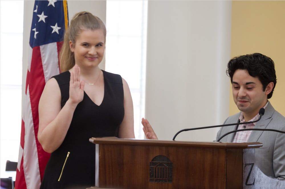 Ellie Brasacchio being sworn in by Student Council President Alex Cintron.&nbsp;