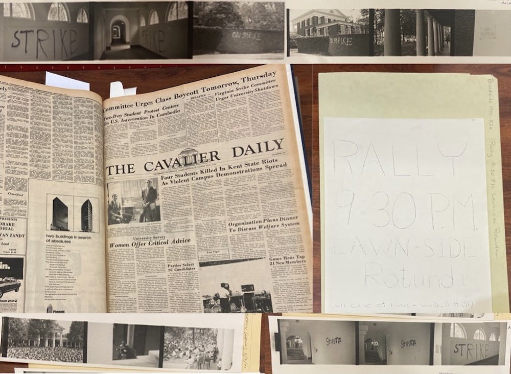Top and bottom: graffiti on the Rotunda during the May Days protests
Center left: protest coverage by The Cavalier Daily
Center right: student poster for one of the rallies held at the University