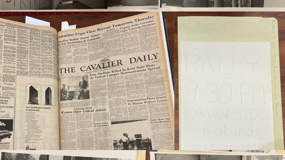Top and bottom: graffiti on the Rotunda during the May Days protests
Center left: protest coverage by The Cavalier Daily
Center right: student poster for one of the rallies held at the University