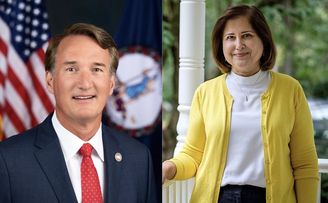 Gov. Glenn Youngkin (left) and Lt. Gov.-elect Ghazala Hashmi (right) expressed opposing reactions to Scott Beardsley's appointment as president.