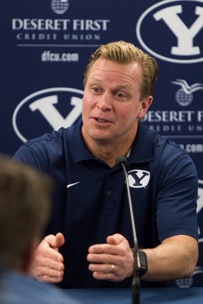 An emotional Bronco Mendenhall address the media a couple of hours after BYU annouced that Mendenhall was leaving to go and coach at Virginia University. Mendenhall spent most of the press conference with his eyes closed, looking down and wiping away tears.