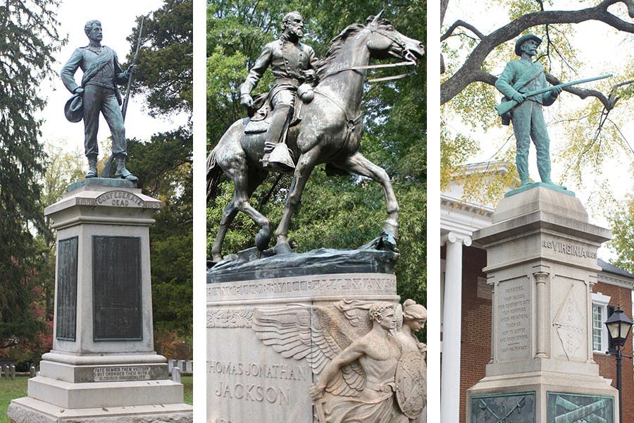 Statue of a soldier in the Confederate Cemetery near Grounds (left), Stonewall Jackson statue in Justice Park (center), and statue of an unnamed Confederate soldier with a carved Confederate flag outside the Albemarle County Circuit Court courthouse (right).