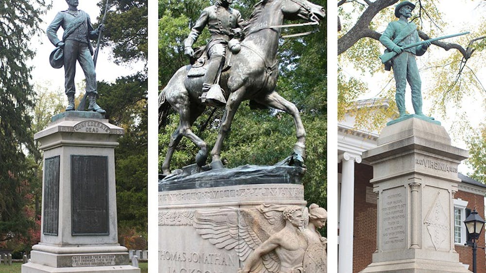 Statue of a soldier in the Confederate Cemetery near Grounds (left), Stonewall Jackson statue in Justice Park (center), and statue of an unnamed Confederate soldier with a carved Confederate flag outside the Albemarle County Circuit Court courthouse (right).