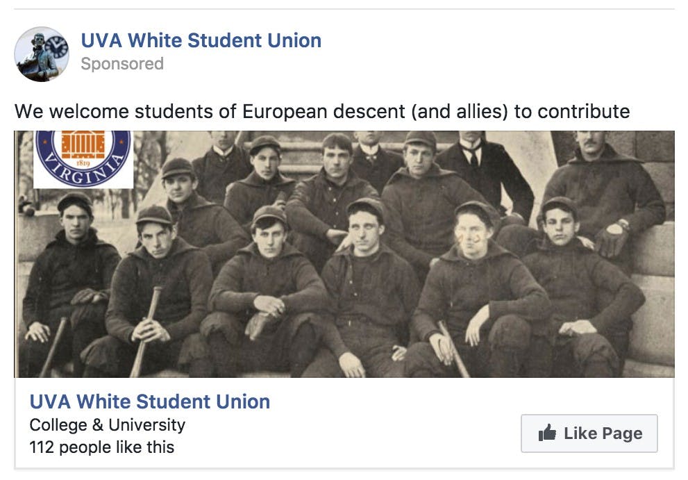 The page appears to be paying for sponsored advertisements targeting U.Va. students.&nbsp;