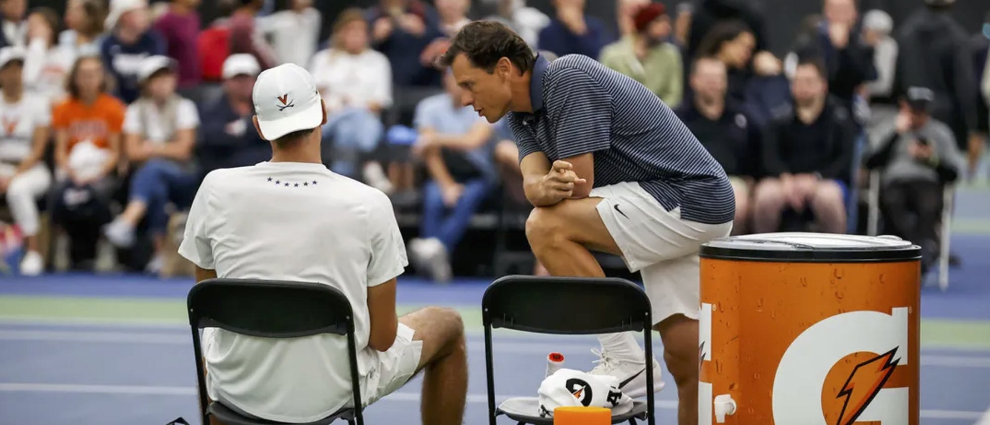 Coach Andres Pedroso discusses a strategy against Florida State.