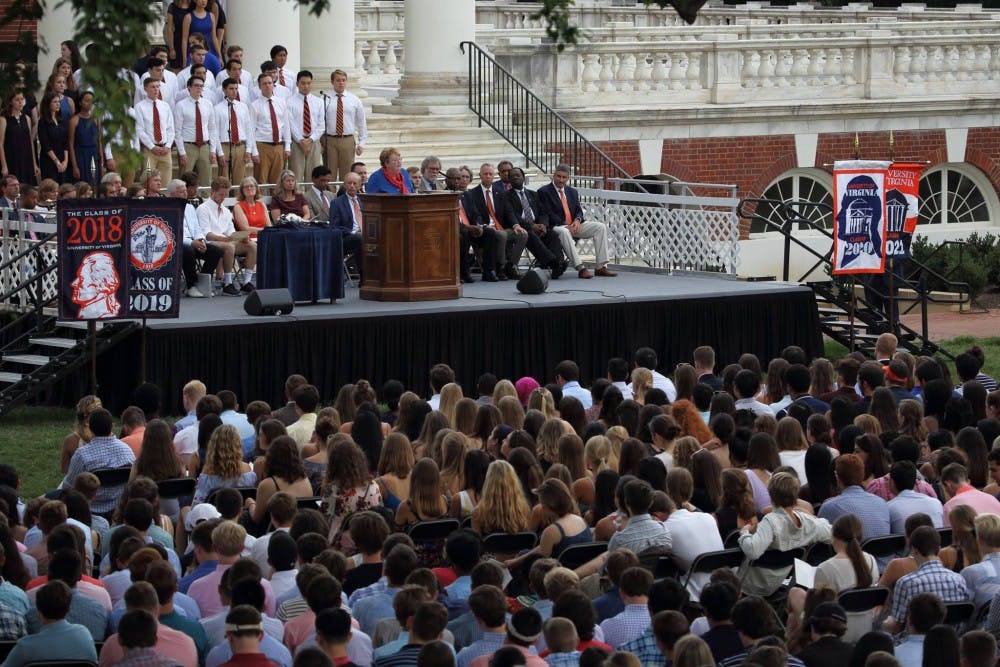 <p>University President Teresa Sullivan addressing the Class of 2021 at Convocation.&nbsp;</p>