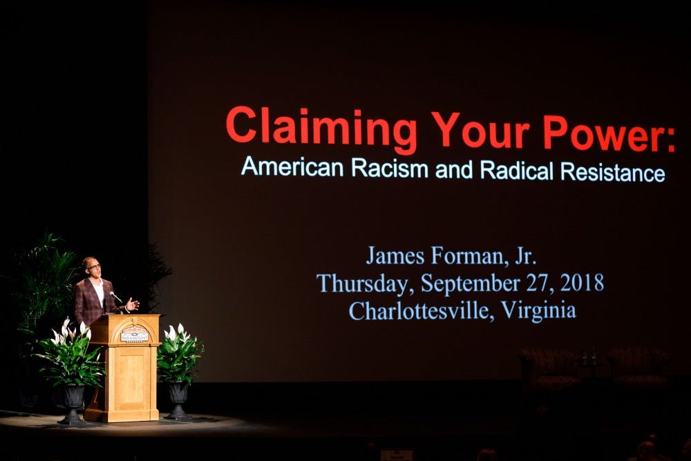 <p>James Forman Jr. lectured at the Paramount Theater on Thursday evening.</p>