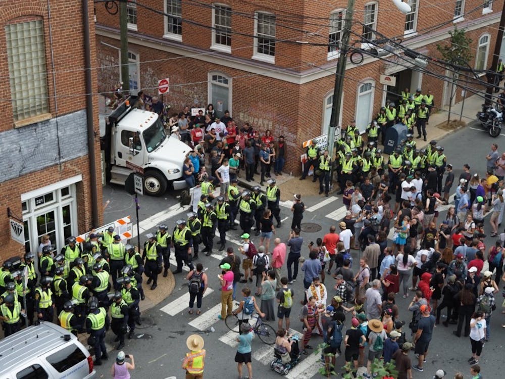 There were some tense moments between police and protesters in Downtown Charlottesville on Aug. 12, 2018, although the demonstrations were largely peaceful.&nbsp;