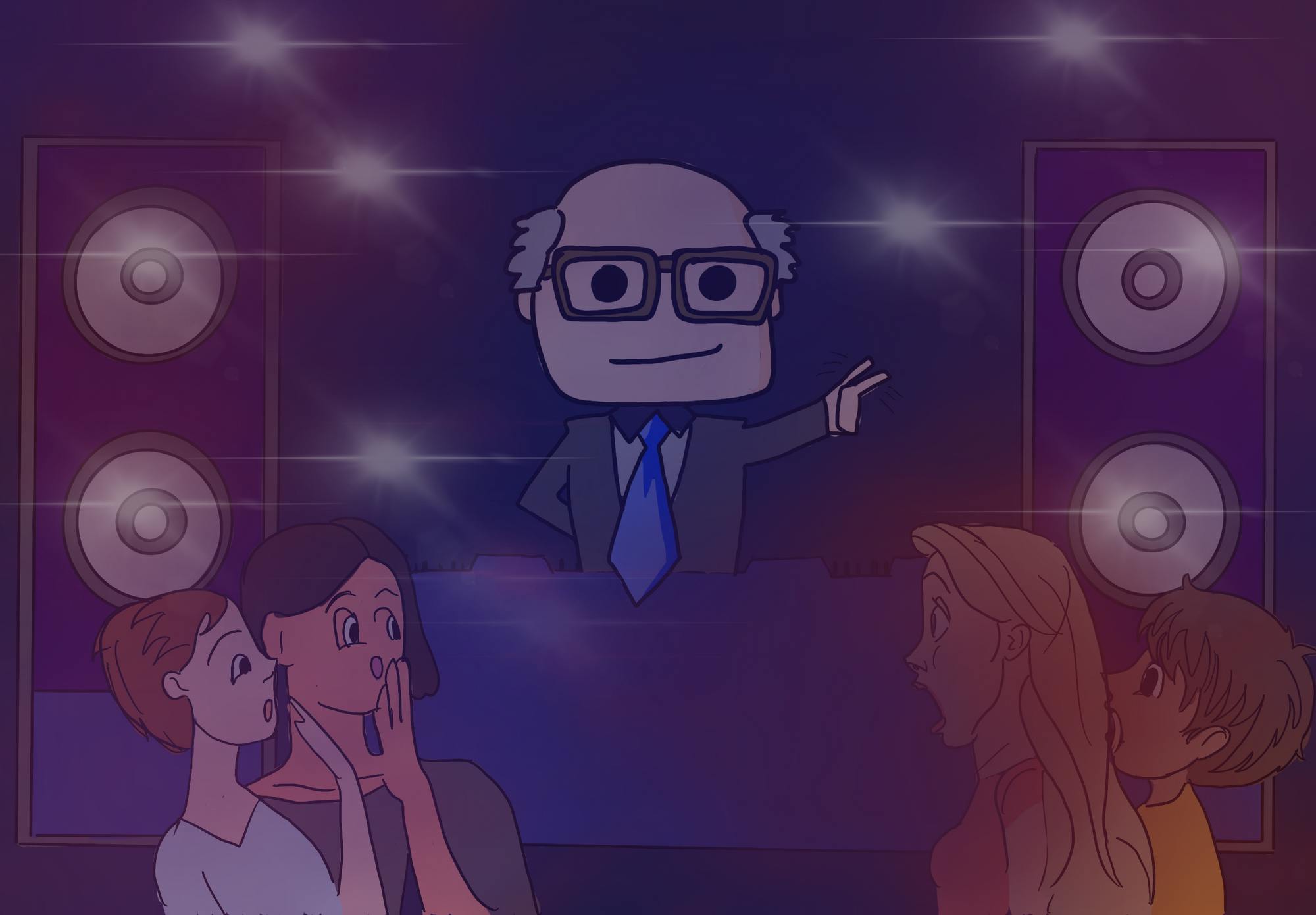 Professor Stoutman, with his tie around his head manning the DJ booth, one arm frat flicking high in the air.