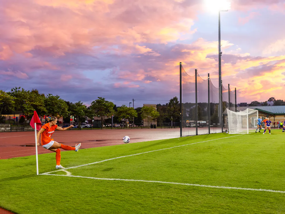 Graduate midfielder Alexis Theoret sends a corner kick into the box Sunday against James Madison.
