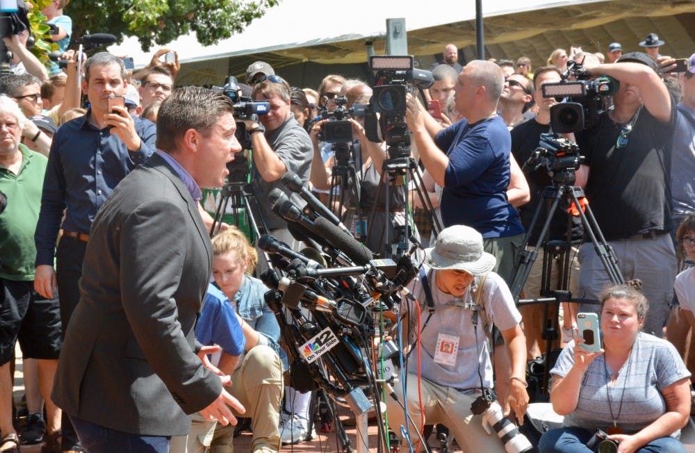 <p>Jason Kessler at the press conference Sunday afternoon shortly before he left the scene.&nbsp;</p>