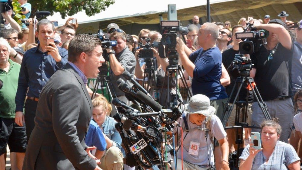 Jason Kessler at the press conference Sunday afternoon shortly before he left the scene.&nbsp;