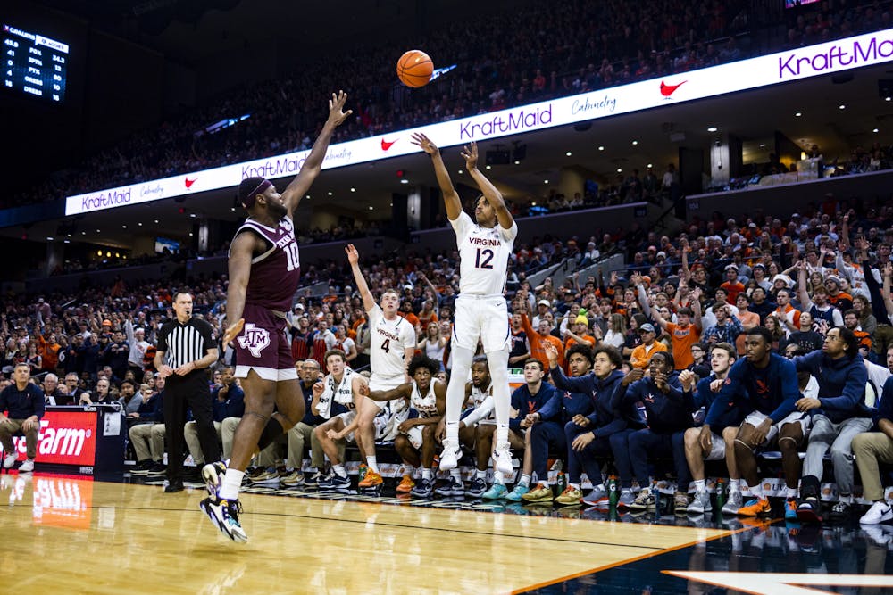 <p>Gertrude shooting a three during a game early in the season against Texas A&amp;M.</p>