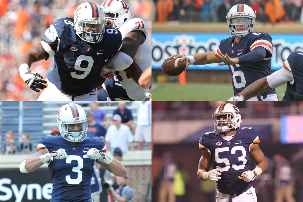 <p>Andrew Brown (top left), Kurt Benkert (top right), Quin Blanding (bottom left) and Micah Kiser (bottom right) all hope to be selected in the NFL Draft.</p>
