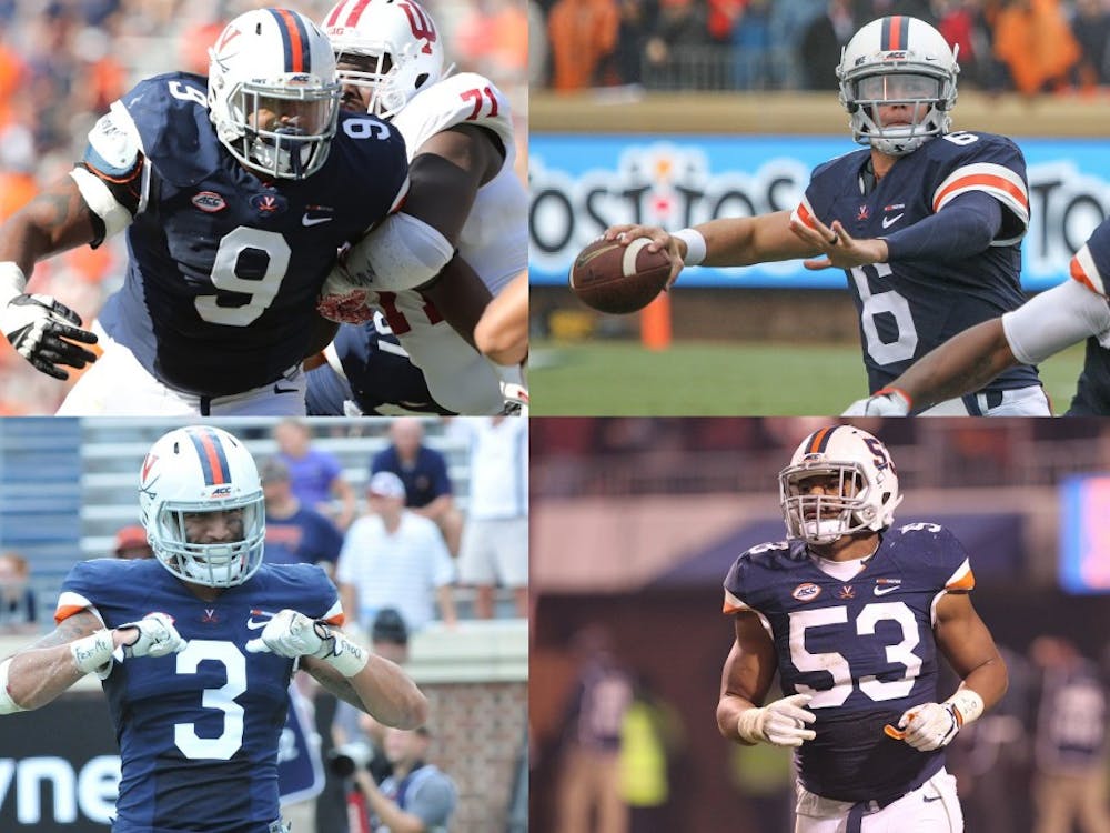 Andrew Brown (top left), Kurt Benkert (top right), Quin Blanding (bottom left) and Micah Kiser (bottom right) all hope to be selected in the NFL Draft.