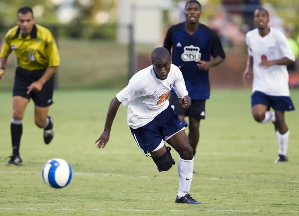 Virginia Cavaliers forward Chris Agorsor (20) reacts on a fast break against ODU.  The Virginia Cavaliers defeated the Old Dominion Monarchs 3-0 in a pre-season NCAA Men's Soccer exhibition game held at Klockner Stadium on the Grounds of the University of Virginia in Charlottesville, VA on August 23, 2008.