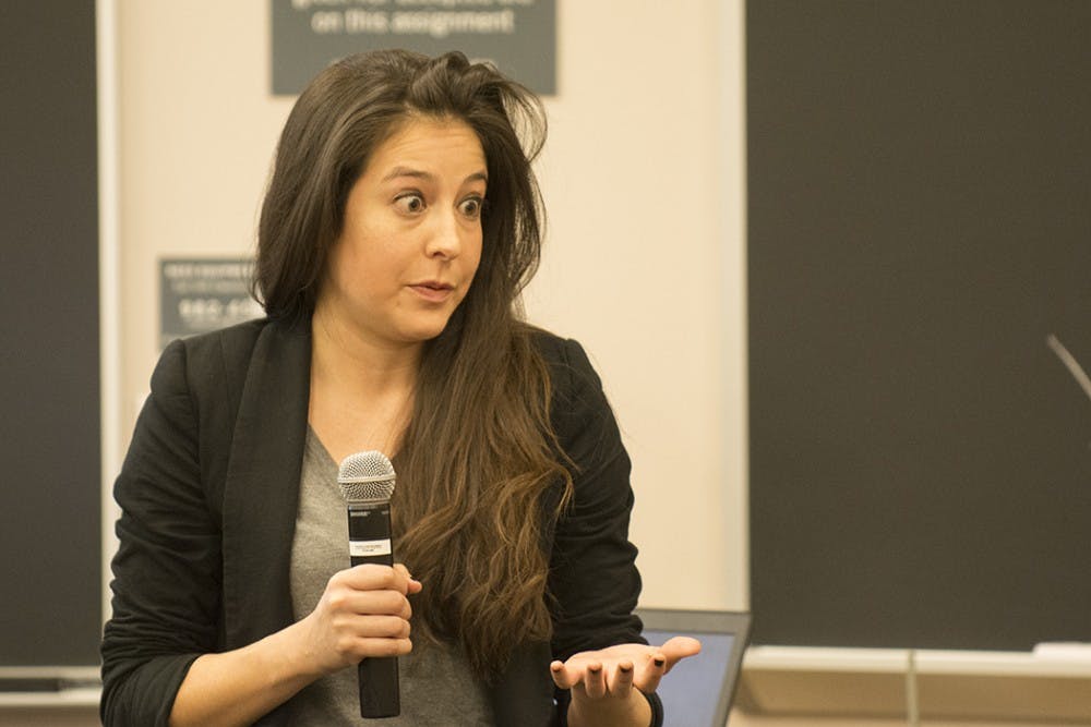 Postdoctoral Fellow Lucila Figueroa&nbsp;speaking at the teach-in.