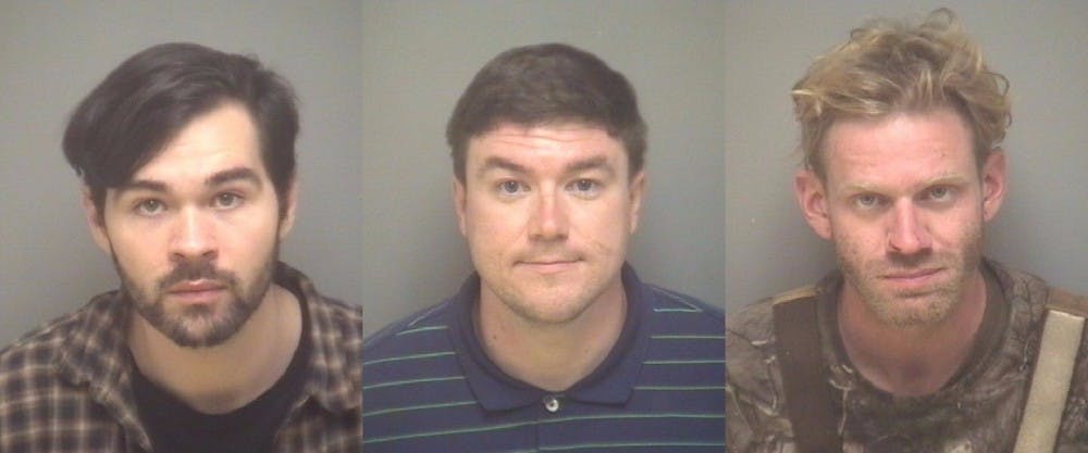 <p>Charles W. Best (left), Jason Kessler (middle) and&nbsp;Jordan C. McNeish (right) were arrested Sunday night.&nbsp;</p>