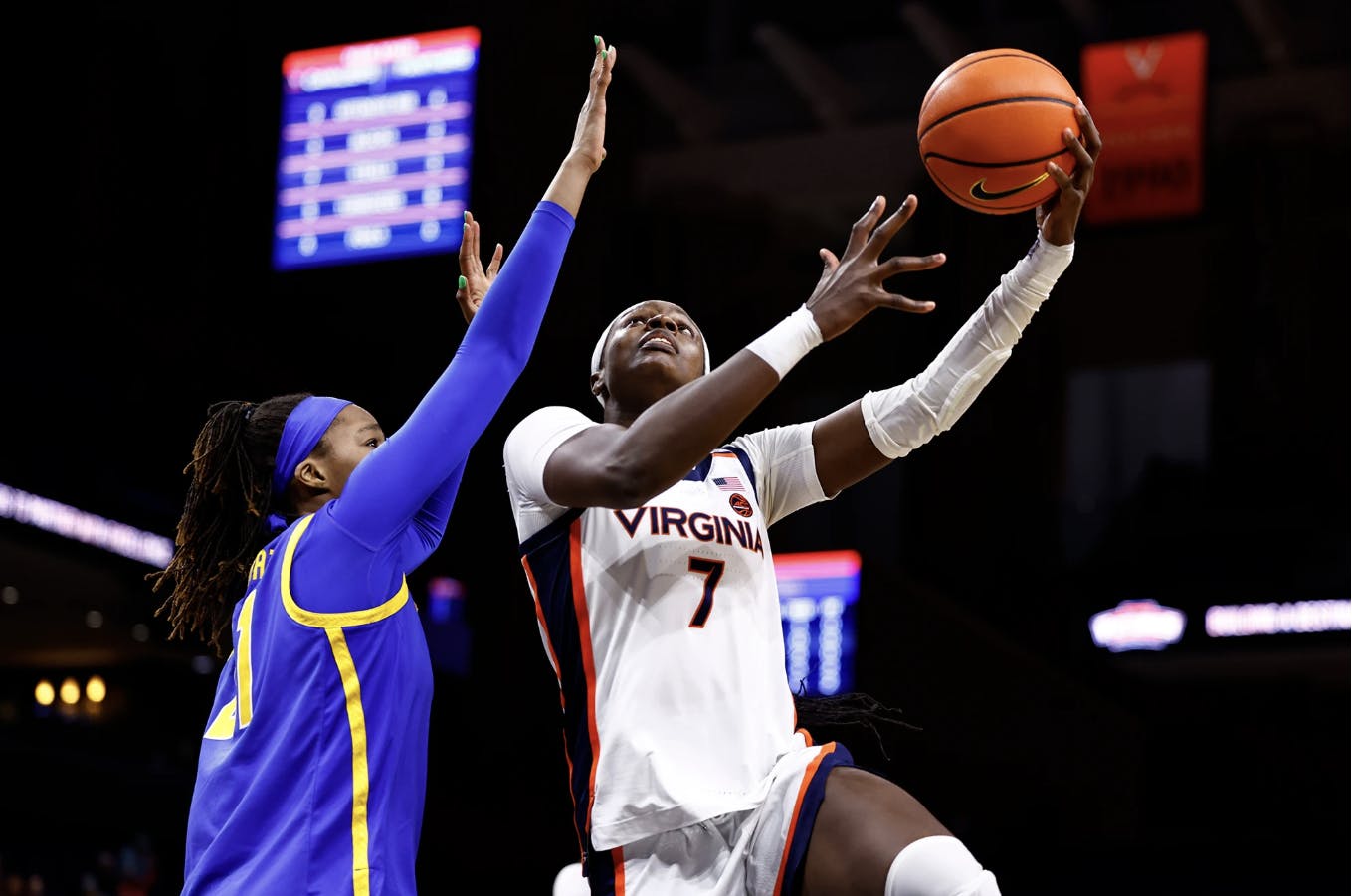 Senior forward Tabitha Amanze lays it in to contribute to an 84-46 against Pittsburgh.