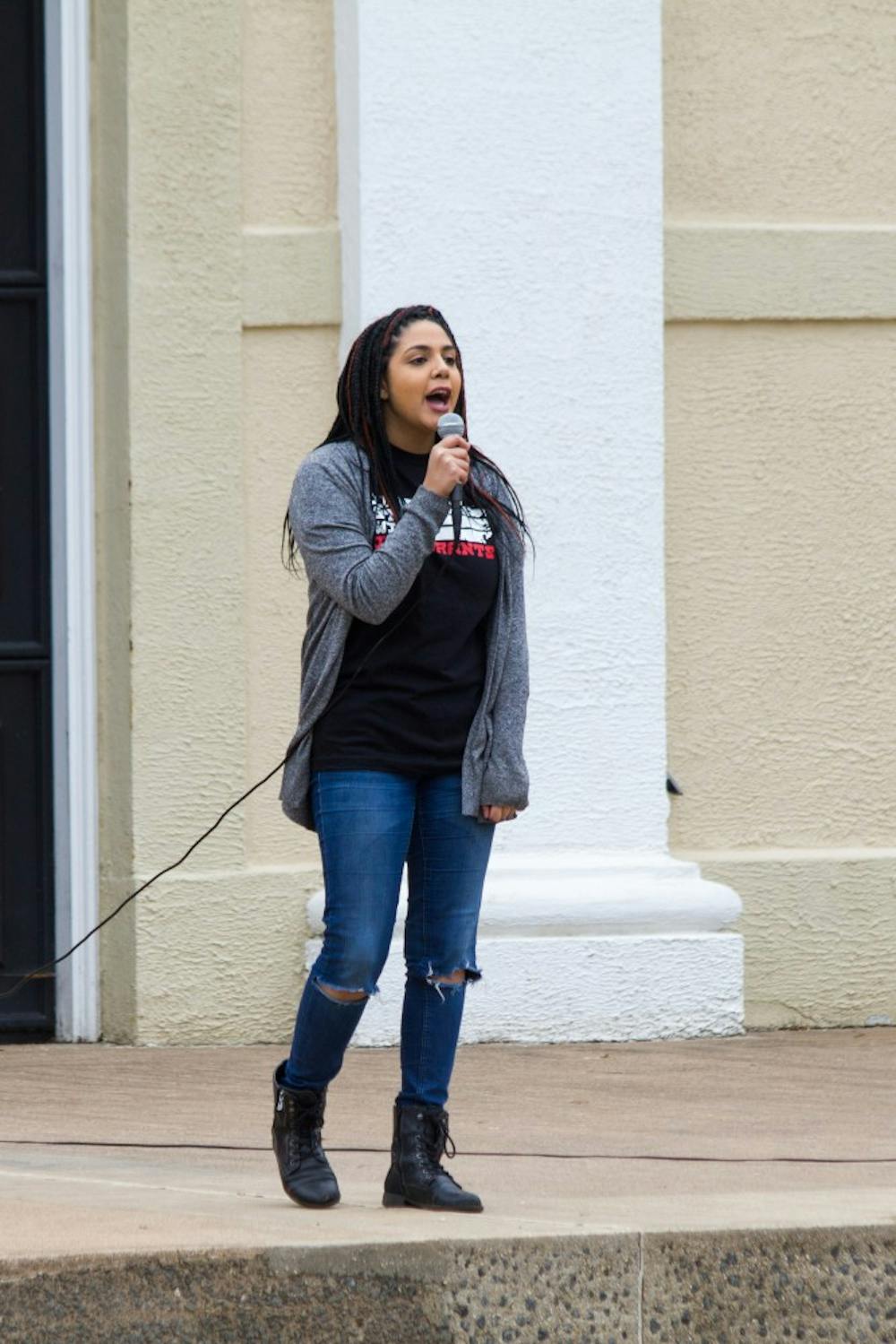 <p>Rawda Fawaz, a third-year College student and vice president of DREAMers on Grounds, spoke to event attendees about the purpose of the gathering.</p>