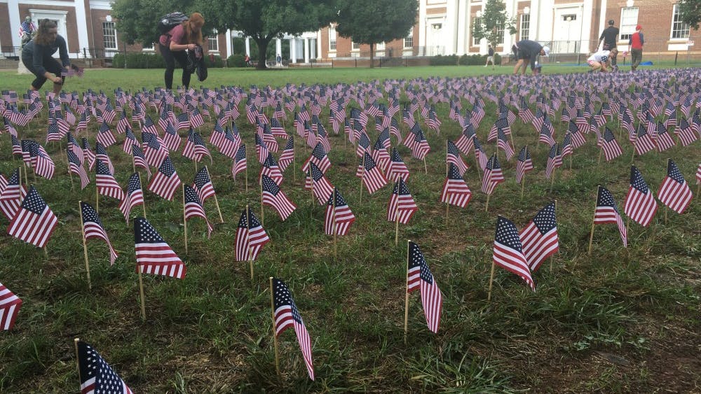 The U.Va. chapter of Young Americans for Freedom placed 3,000 miniature American flags on the South Lawn to commemorate lives lost in the Sept. 11, 2001 attacks.