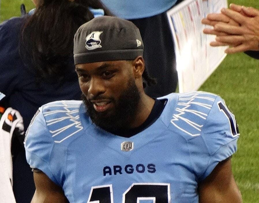 Dejon Brissett, a Class of 2019 alumnus, wearing the baby blue of the Toronto Argonauts during a game.