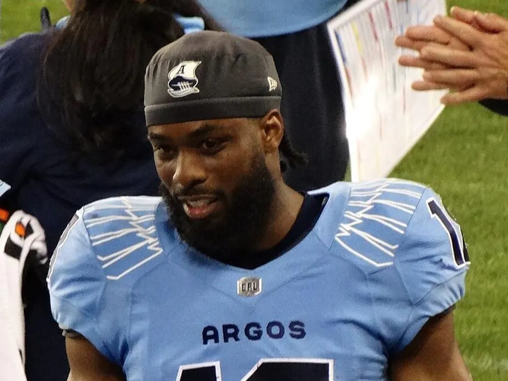 Dejon Brissett, a Class of 2019 alumnus, wearing the baby blue of the Toronto Argonauts during a game.