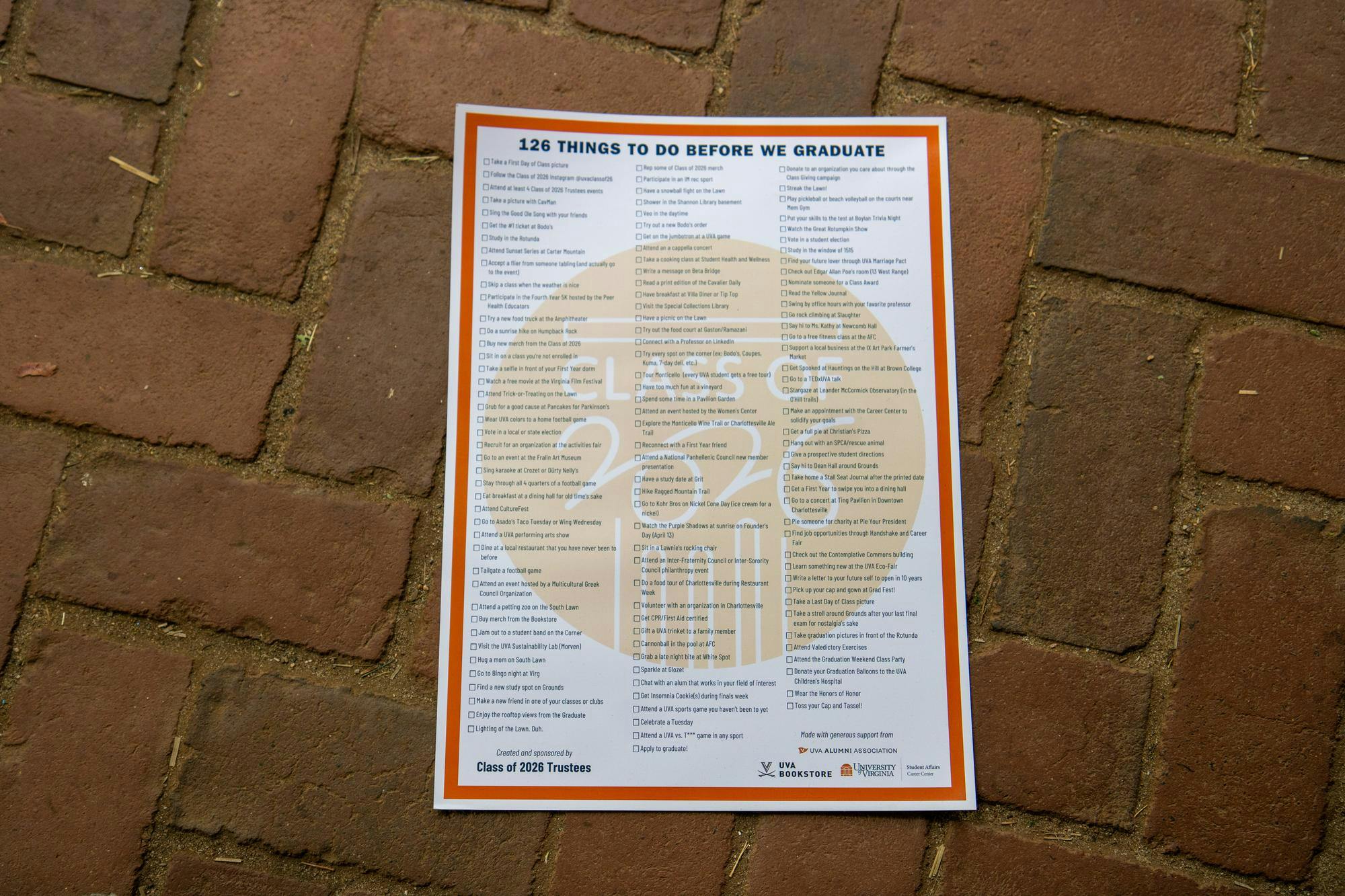 The items on the list aim to give meaning to every stroll across the Lawn, meal on the Corner and late-night library lock-in.