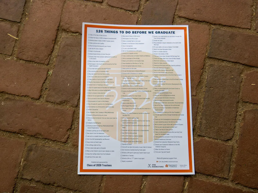 The items on the list aim to give meaning to every stroll across the Lawn, meal on the Corner and late-night library lock-in.