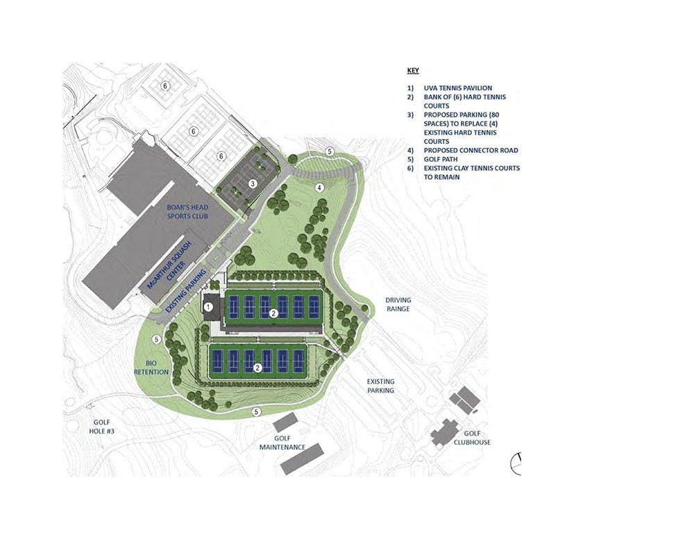 Layout of proposed tennis facility from the Board of Visitors Buildings and Grounds Committee meeting in April.&nbsp;