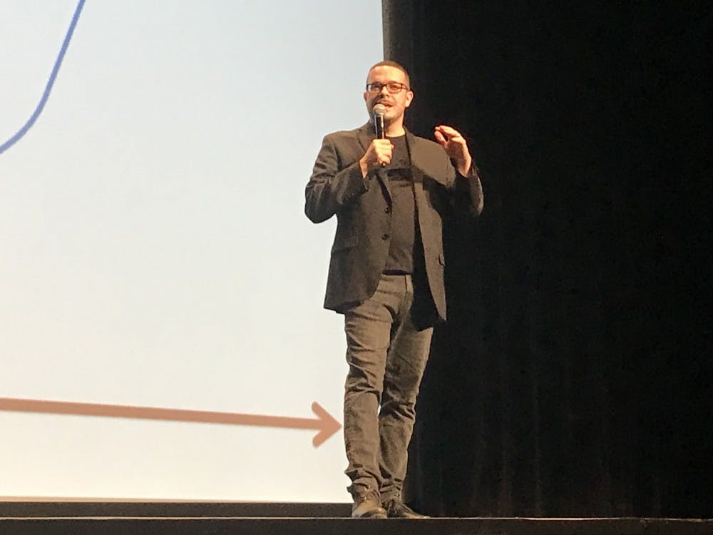 <p>Sean King speaking at the Paramount Theater.</p>