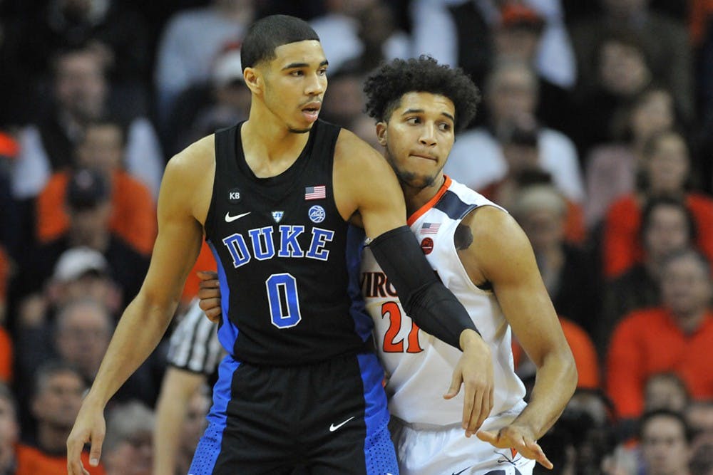 <p>Duke freshman forward Jayson Tatum scored 28 points against Virginia, leading the Blue Devils to a 65-55 victory over the Cavaliers.</p>