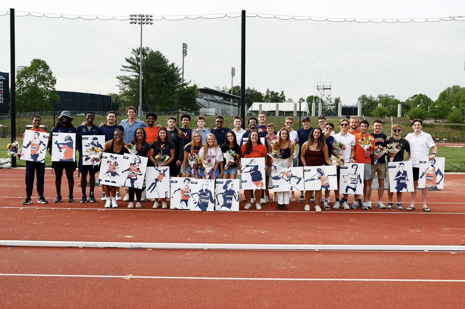 All of the seniors and graduates on the team were recognized in a post-meet ceremony.