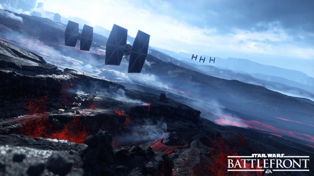 <p>A still of TIE fighters flying over a gorgeous landscape in the latest "Battlefront" game</p>