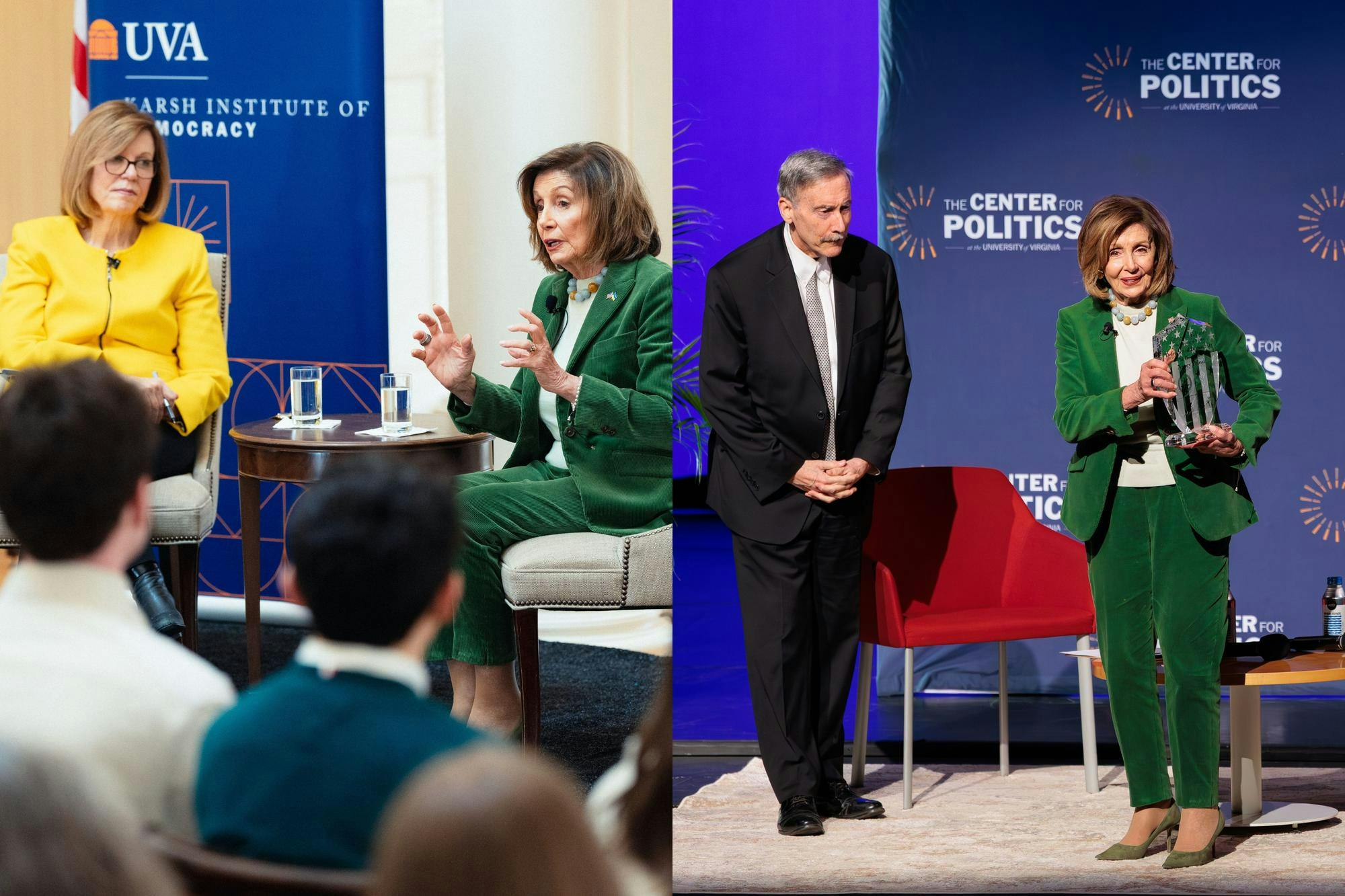 Former Speaker Nancy Pelosi speaking at a Karsh Institute of Democracy event and Center for Politics event, photographed Feb. 25, 2026.