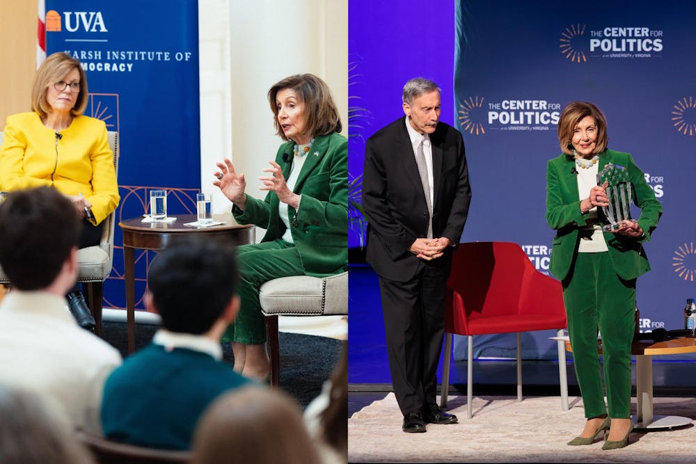<p>Former Speaker Nancy Pelosi speaking at a Karsh Institute of Democracy event and Center for Politics event, photographed Feb. 25, 2026.</p>