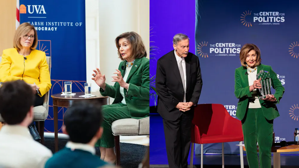 Former Speaker Nancy Pelosi speaking at a Karsh Institute of Democracy event and Center for Politics event, photographed Feb. 25, 2026.