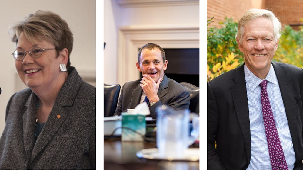 <p>Former University President Teresa Sullivan, left, Former University President Jim Ryan, middle, University President Scott Beardsley, right.</p>