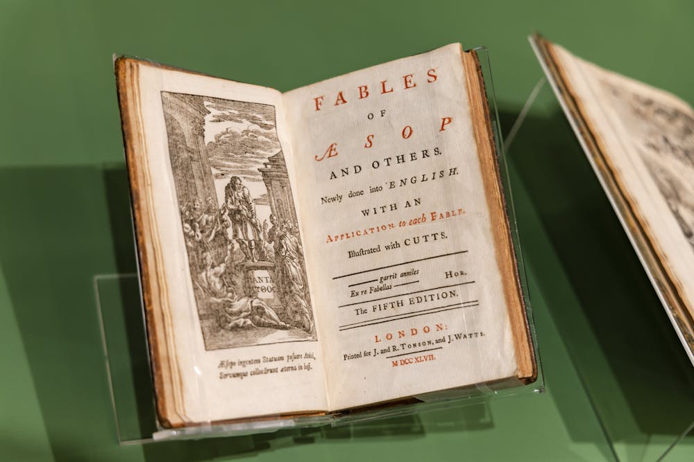 Dove pulls illustrations from “The Fables of Aesop Paraphras’d in Verse: Adorned with Sculpture and Illustrated with Annotations” — a book of edited fables from 1665-1668 — to highlight politically motivated renditions of the fables. 