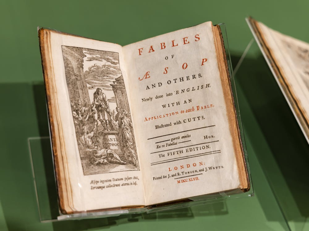 Dove pulls illustrations from “The Fables of Aesop Paraphras’d in Verse: Adorned with Sculpture and Illustrated with Annotations” — a book of edited fables from 1665-1668 — to highlight politically motivated renditions of the fables. 